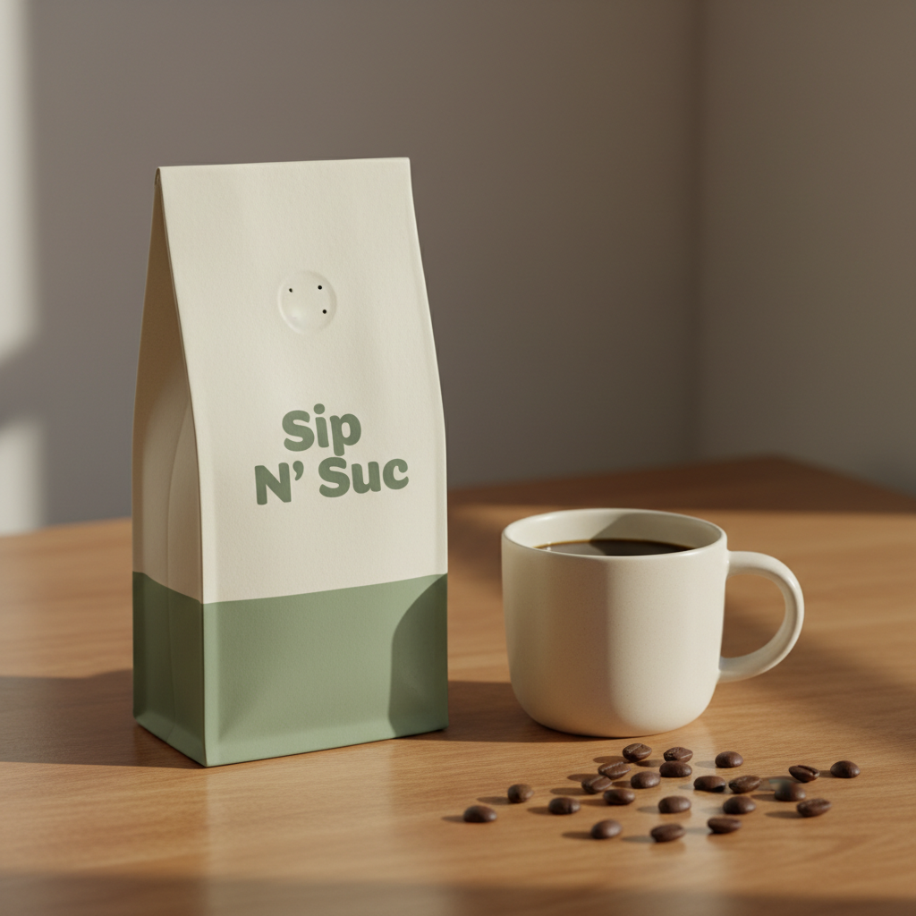 Cream paper coffee bag with sage green band and Sip N' Suc logo, ceramic mug, and scattered coffee beans on a warm wooden surface