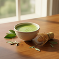 Bright green ceremonial matcha in a cream ceramic bowl with a bamboo whisk and tea leaves on a warm wooden surface