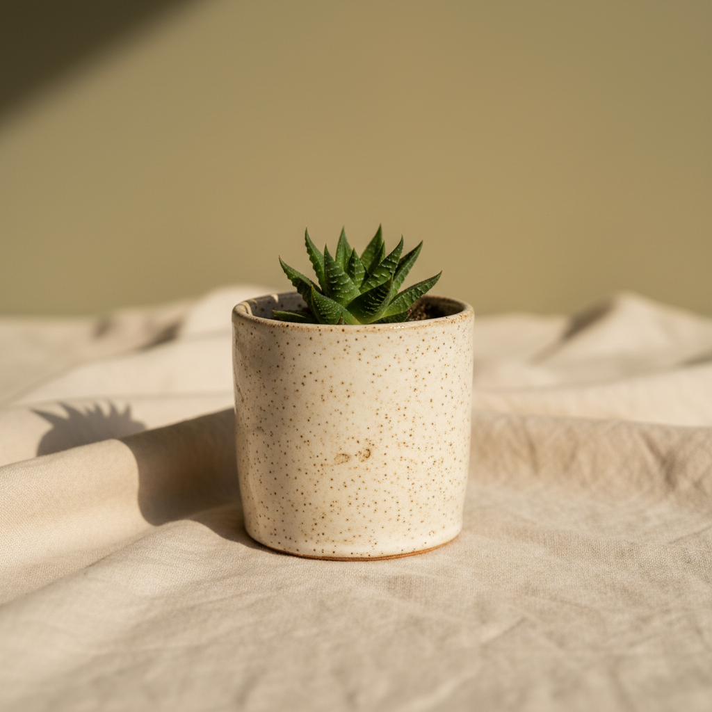 Small green succulent in a speckled cream stoneware pot on natural linen, soft morning light